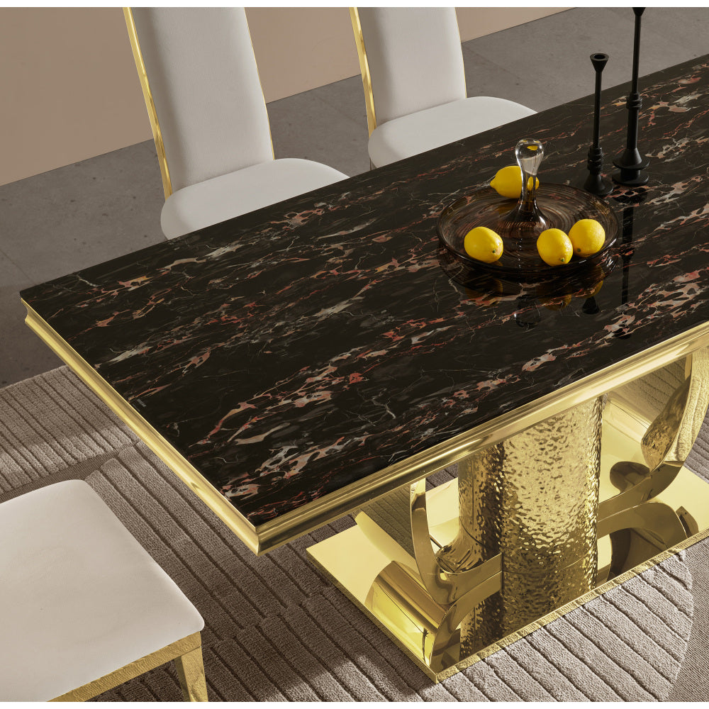 Gold stainless steel dining table  70.08 inch black tempered glass top with sticker
