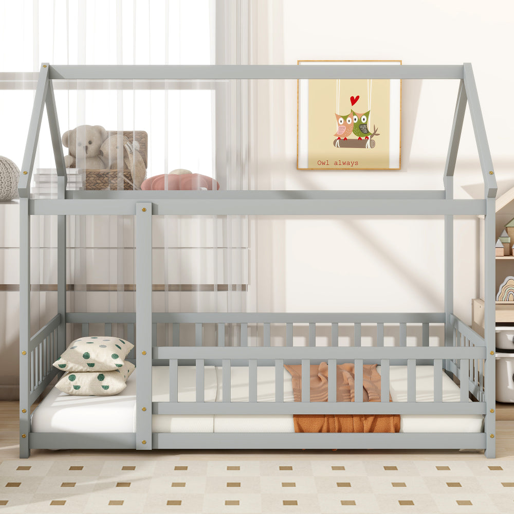 Twin Size House Floor Wooden Bed with Roof Frame,Safety Guardrails,Natural (Old Sku W504P286404)