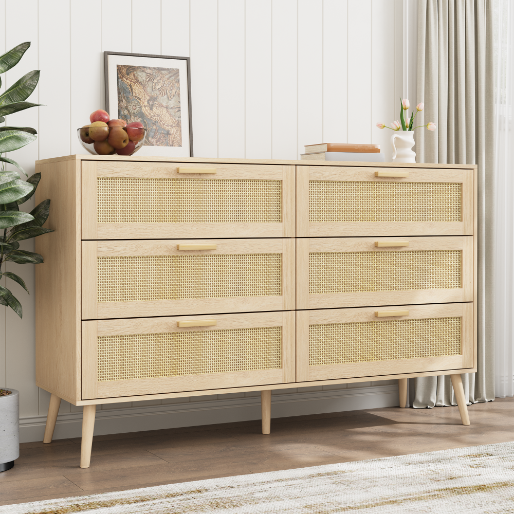 Rattan 6 Drawers  Chest  of Dressers for Bedroom, Modern 6 Drawer Dresser, Wide Chest of Drawers with wood Handles,  Rattan Dresser Storage Cabinet for Living Room, Bedroom, Hallway