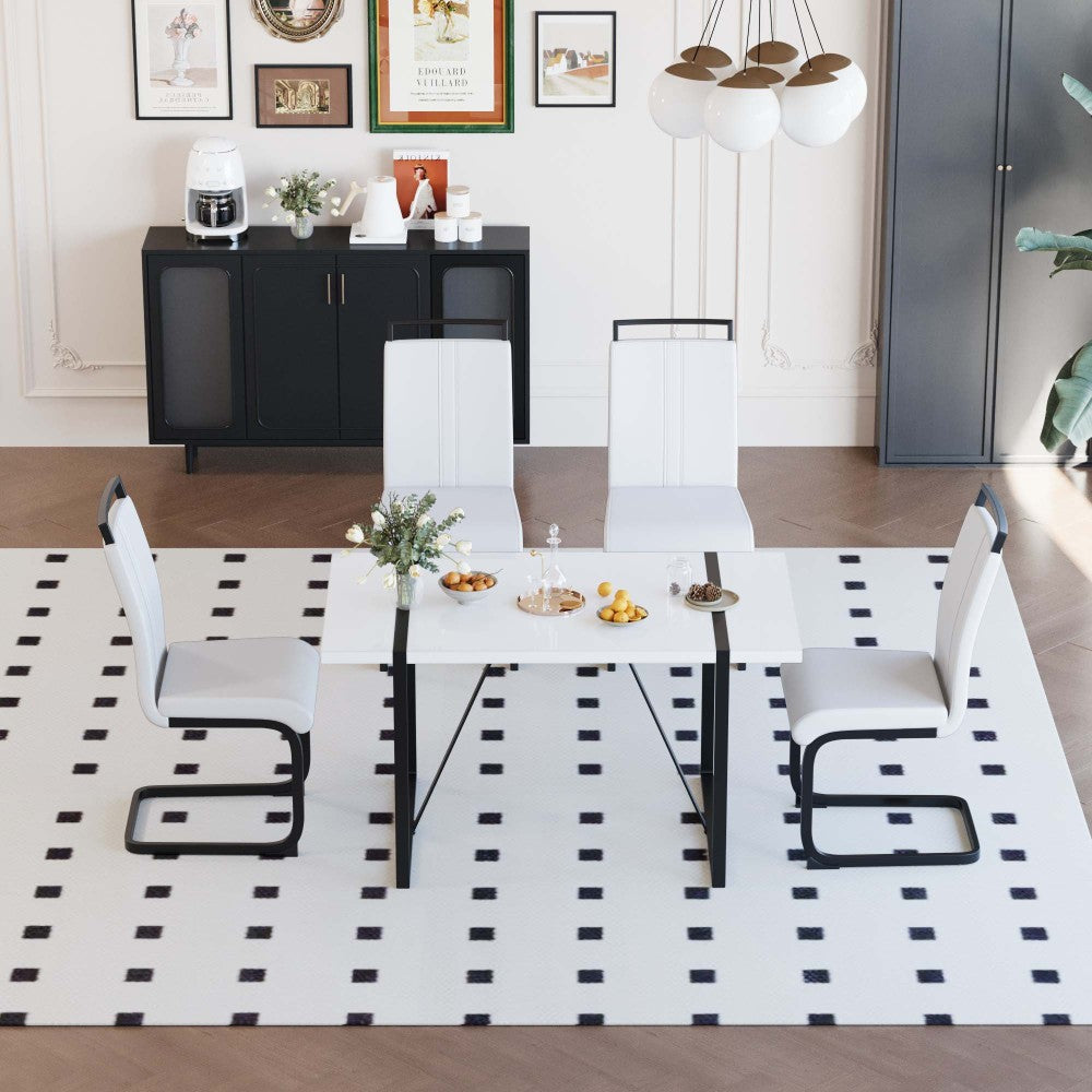 55 "rural industrial rectangular MDF white dining table and 4 PU armless dining chair set, kitchen black metal table leg dining chair set