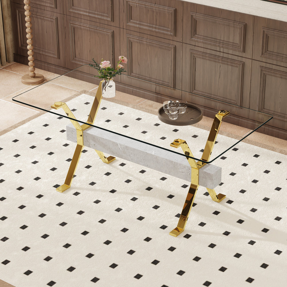Modern tempered glass dining table. Large modern office desk with gold plated metal legs and gray MDF crossbars, suitable for both home and office use. Kitchen. 71 ''x35.4''x30 ''W1151S02350