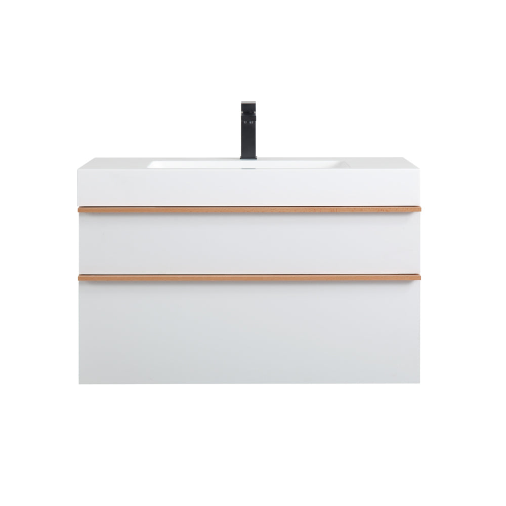VELA 36 Inch White Wall Mounted Bathroom Vanity with Integrated Acrylic Sink, 2 Soft-Close Drawers, Pre-Assembled,Modern Floating Cabinet
