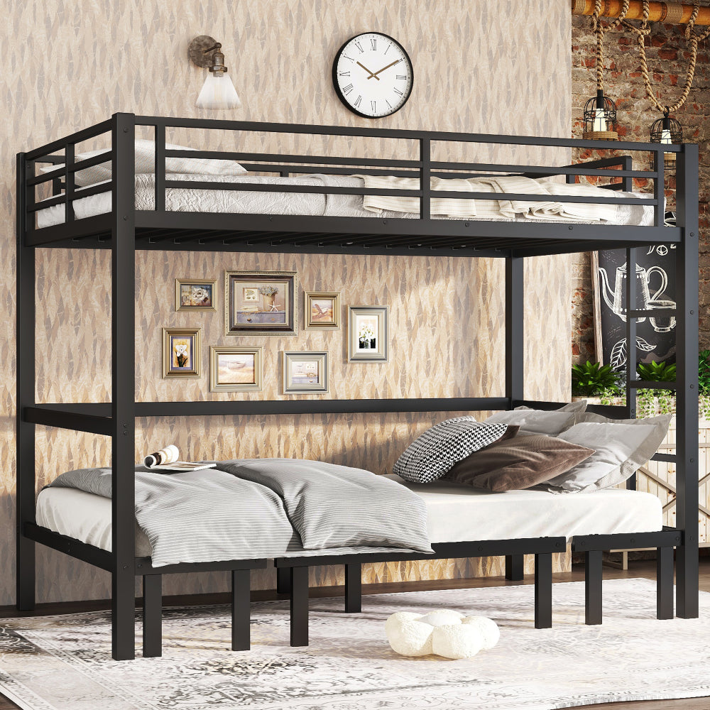 Twin XL over Twin XL size pull-out Metal Bunk Bed, lower bunk can be pulled out in three sections, top bunk equipped with safety rails, black.