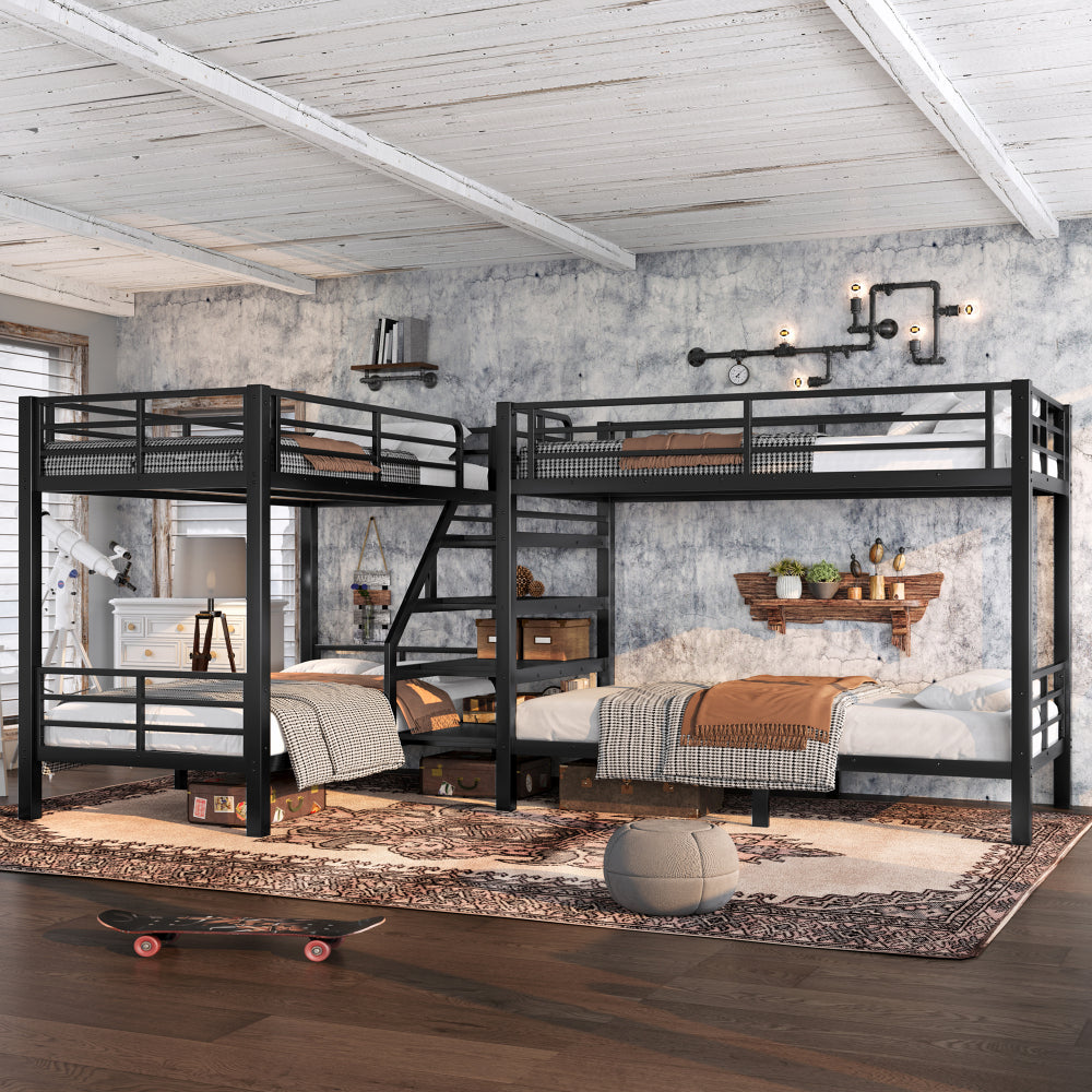 Twin L-Shaped Metal Bunk Bed with Storage Shelves and High-Quality safety Guardrail,Space-Saving,Black.