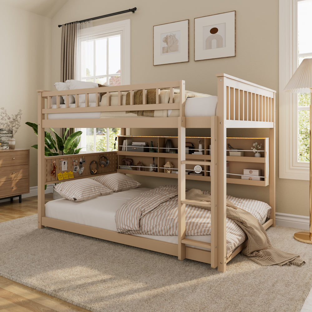 Twin XL over Queen Bunk Bed with Integrated Shelving, Color-Changing Lights and Pegboard, Beige
