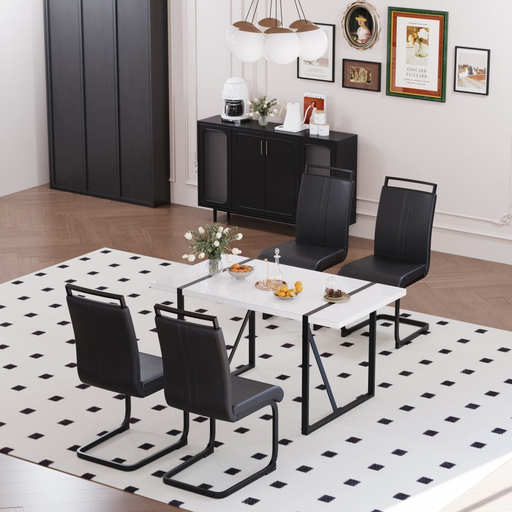 55 "rural industrial rectangular MDF white dining table and 4 PU armless dining chair set, kitchen black metal table leg dining chair set
