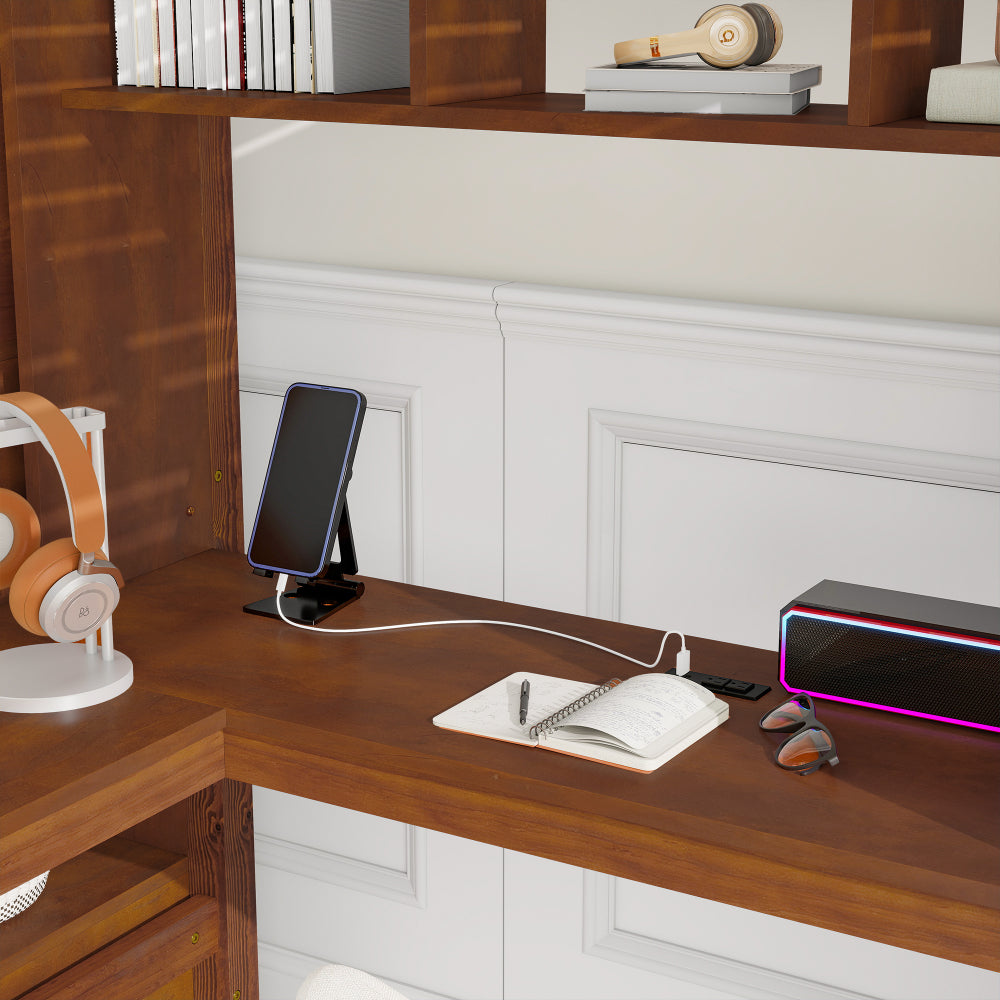 Full Size Loft Wood Bed with Desk, Book shelves and Wardrobe with Doors and Drawer, Built-in Staircase with Storage Shelves, Loft Bed with Safety Guardrails and Solid Slats,Walnut