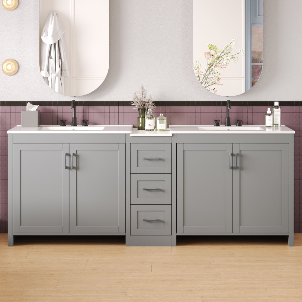 60" Bathroom Vanity with SMC Sink, Modern Large Storage Bathroom Storage Cabinet with Soft Close Drawers and Rattan Doors, Silver Metal Knobs and 5 Pine Legs, Natural