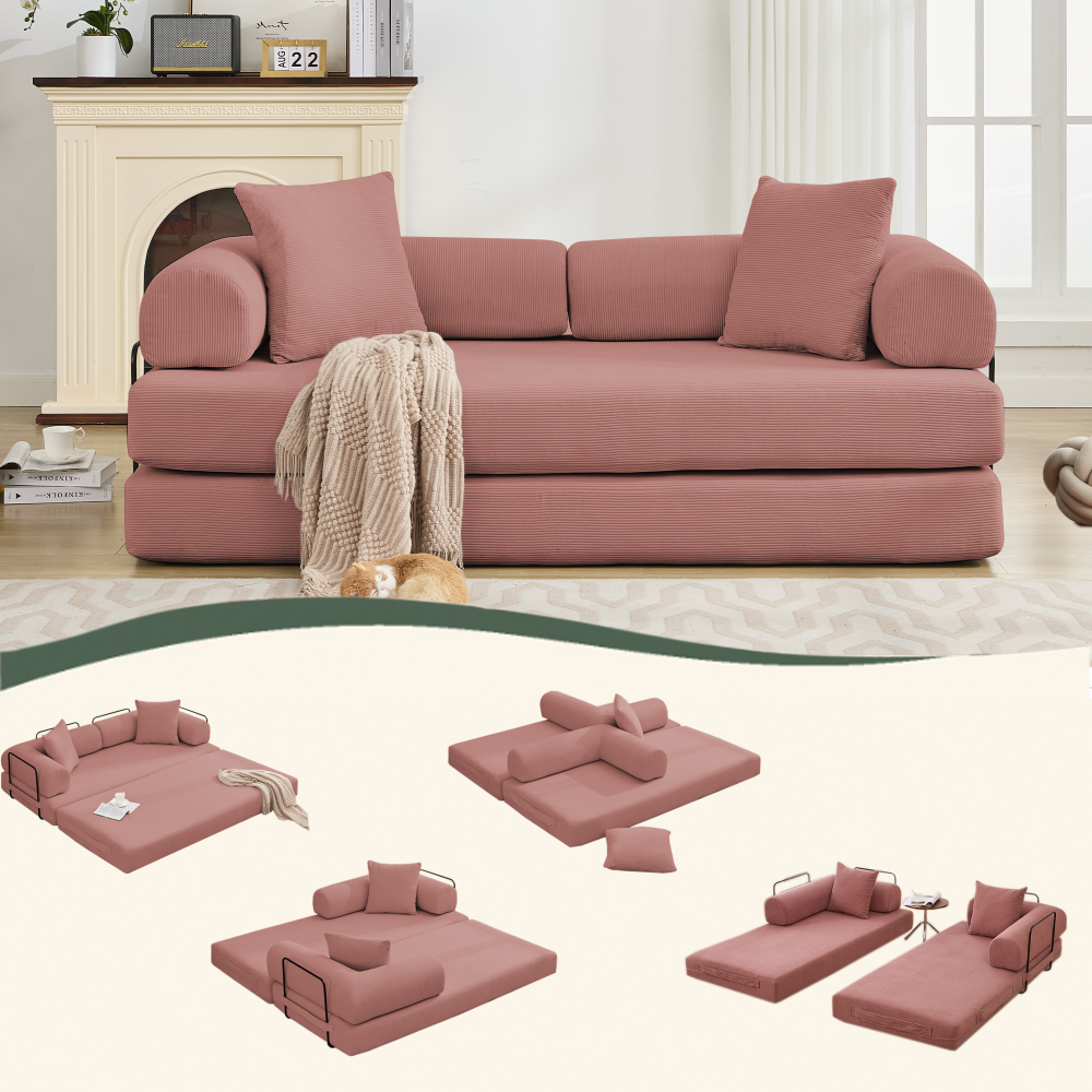 [NEW ARRIVED] [VIDEO PROVIDED] 78.5" Folding Convertible Out Sleeper Sofa Bed,5-in-1 DIY Combination Convertible  Sofa, 3 seat, Folding Sleeper Sofa, King Size , Bedroom,Apartment,Corduroy, PINK