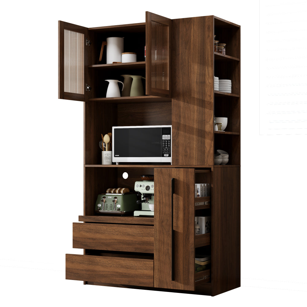 70.87" Tall Kitchen Pantry Cabinet with multi-functional pull-out multi-tier storage shelf,  4-Tier side Shelf, 2 Drawers,with Glass Door,Freestanding Food Hutch with Microwave Stand for Dining Room