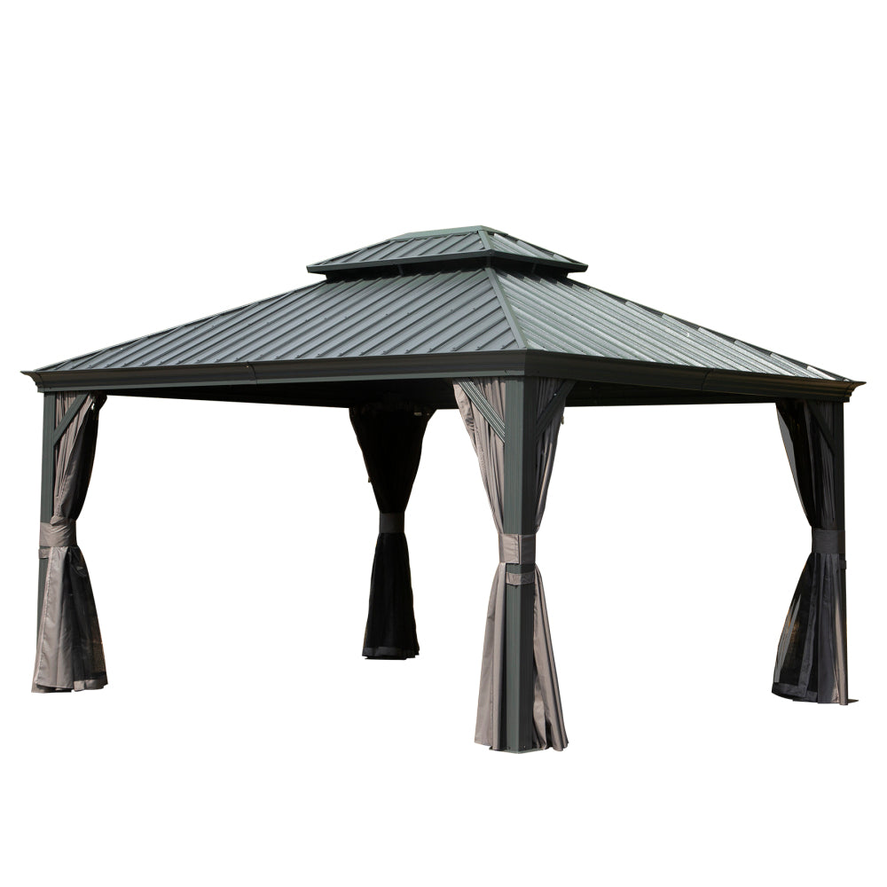 10' X 12' Hardtop Gazebo Outdoor Metal Gazebo with Galvanized Steel Double Roof Canopy, Aluminum Frame, Curtains and Netting for Patio, Deck, Garden, Grey
