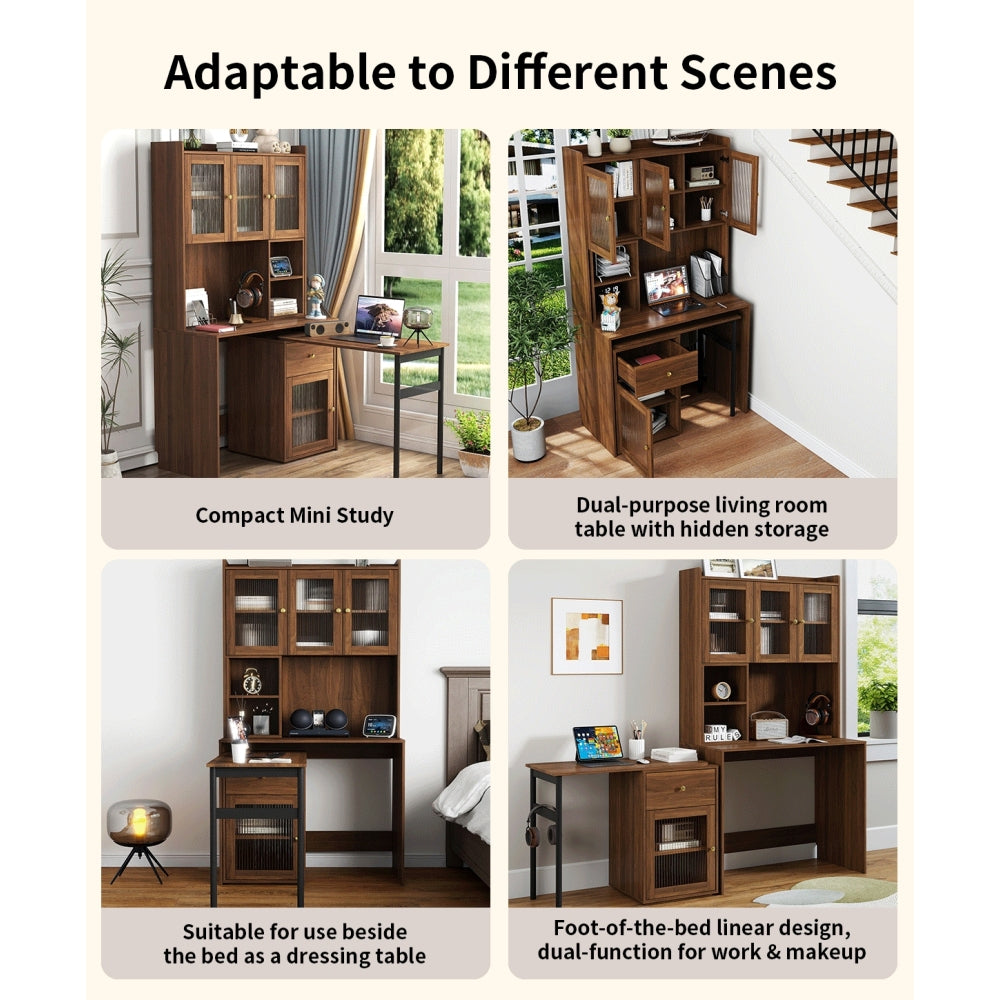 Computer Desk with glass door for Home Office or Study desk,  Bookshelf & Hutch, Computer Desk with 90 Degree Rotating Desktop,Large Working Space