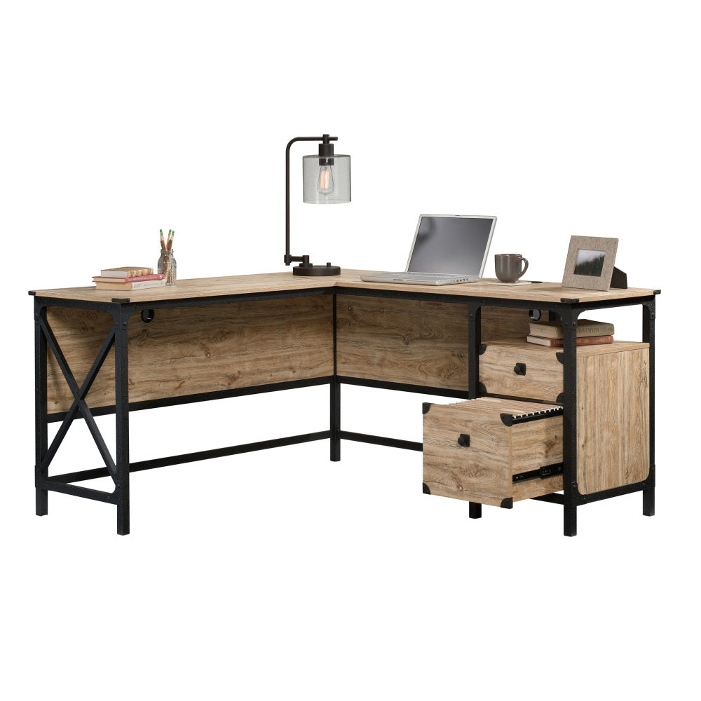 Sauder Steel River Rustic Industrial Style L-Shaped Corner Desk with Drawers and Storage Shelf, Coated Metal and Milled Mesquite finish