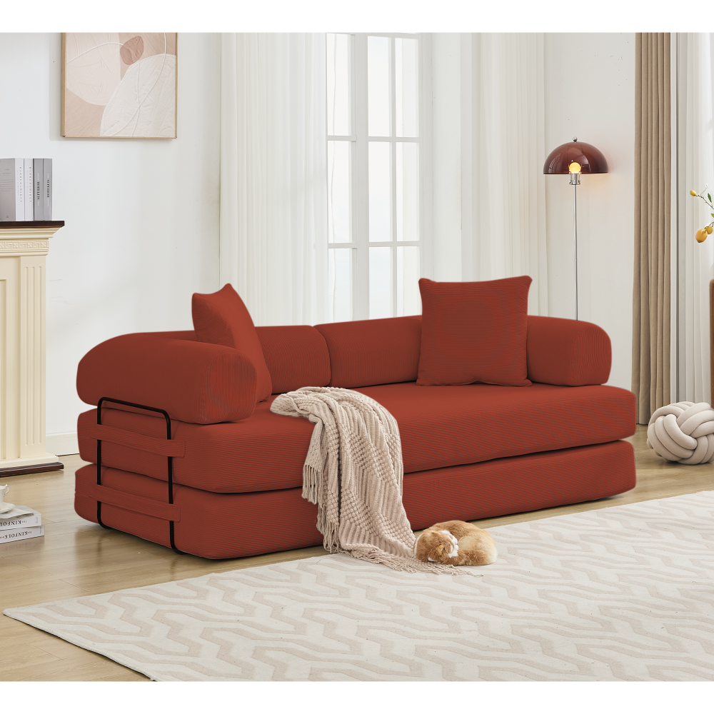[NEW ARRIVED] [VIDEO PROVIDED] 78.5" Folding Convertible Out Sleeper Sofa Bed,5-in-1 DIY Combination Convertible  Sofa, 3 seat, Folding Sleeper Sofa, King Size , Bedroom,Apartment,Corduroy,Ancora Red