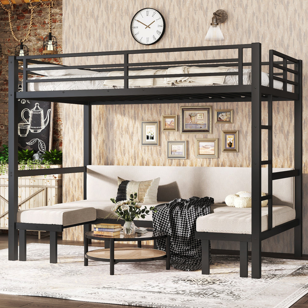 Twin XL over Twin XL size pull-out Metal Bunk Bed, lower bunk can be pulled out in three sections, top bunk equipped with safety rails, black.