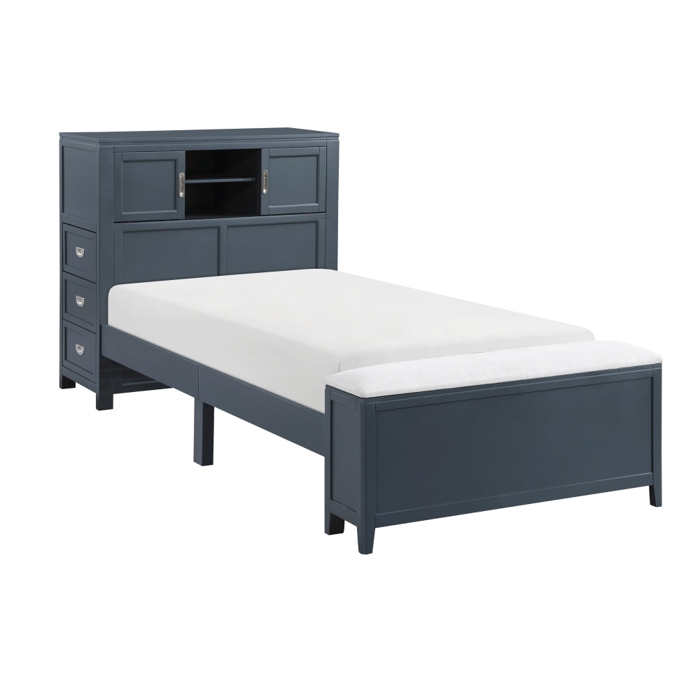 Navy Blue Finish Twin Platform Bed with Bookcase Headboard Drawers Hidden Desk Stool Footboard Storage Bench Bedroom Furniture 1pc