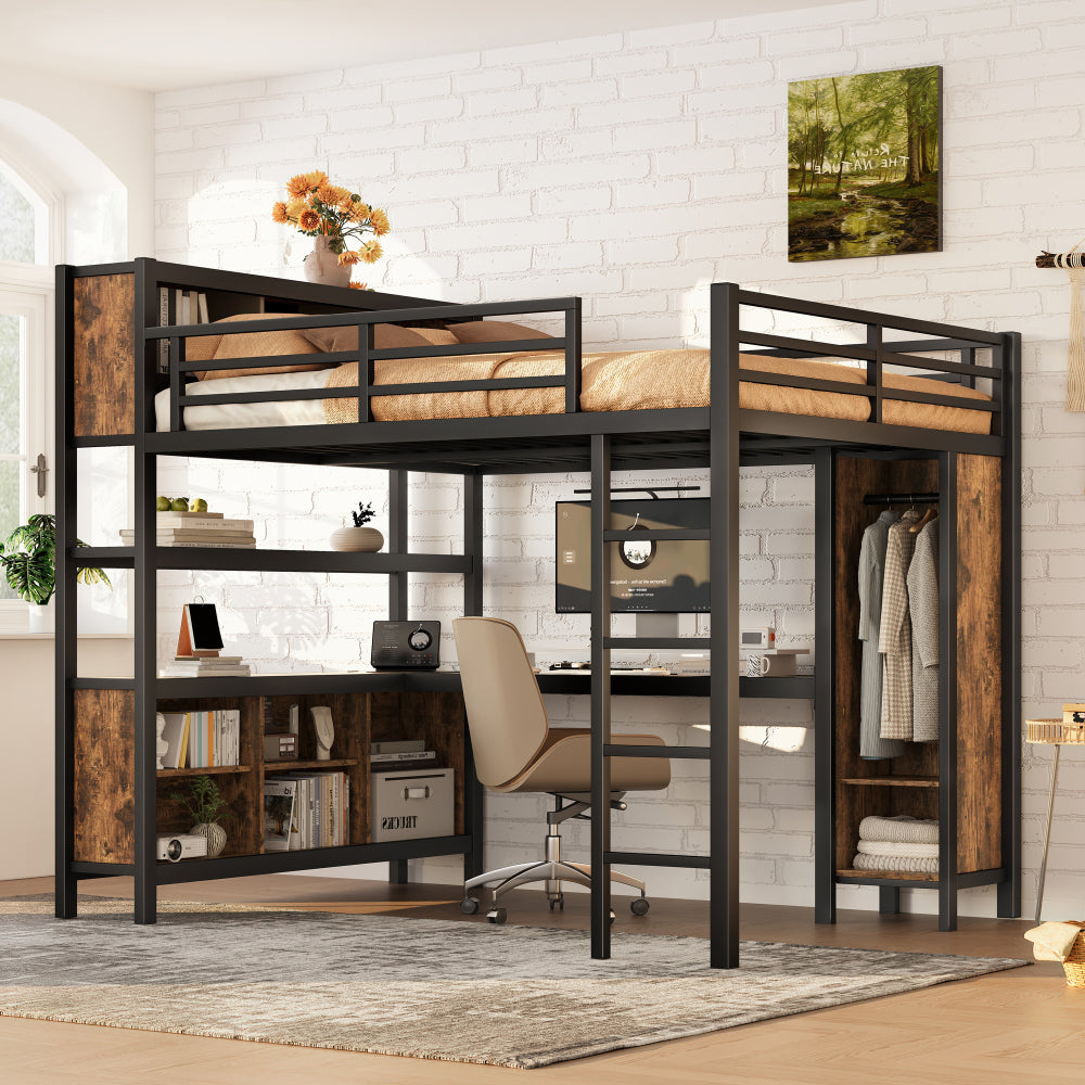 Metal Loft Bed with Wardrobe And L-shaped Desk, Queen Size Loft Bed with Storage Cubes and Shelves, Heavy Duty Loft Bed for Kids Teens Adults, Black Woodgrain
