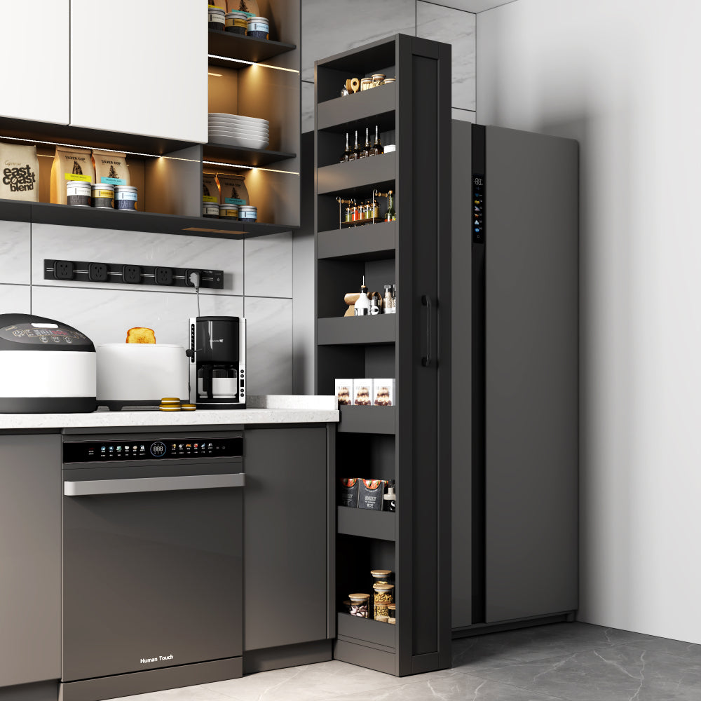 70.87" Tall Kitchen Pantry Cabinet with multi-functional pull-out multi-tier storage shelf,  4-Tier side Shelf, 2 Drawers,with Glass Door,Freestanding Food Hutch with Microwave Stand for Dining Room