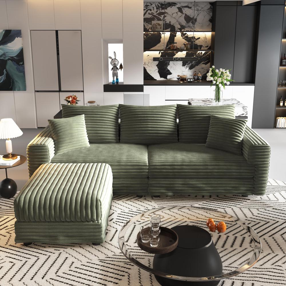 82.7 "Plush Corduroy 3-Seat Sofa,Modern Comfy Upholstered Sofa Cloud Couch,Deep Seat Couches with Soft Pillows and 1 Ottomans,Convertible Sofa Lounge Chair,Green(ETA:8.15)