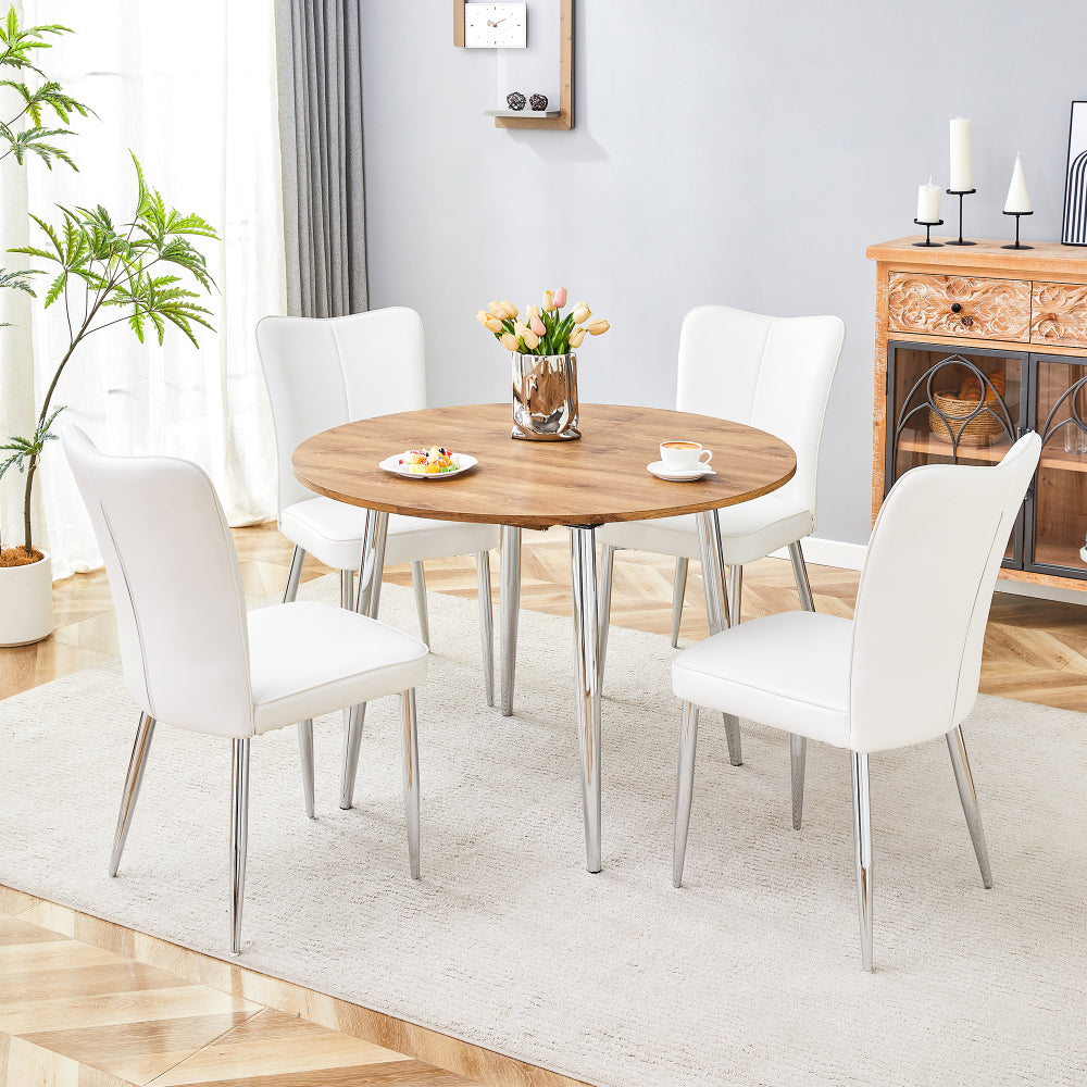 Table and chair set.With a Expandable mechanism,the Wood Grain MDF table top and silver metal legs and has a smooth surface.Paried With 4 White PU Chairs with a vertical stripe design on the backrest.