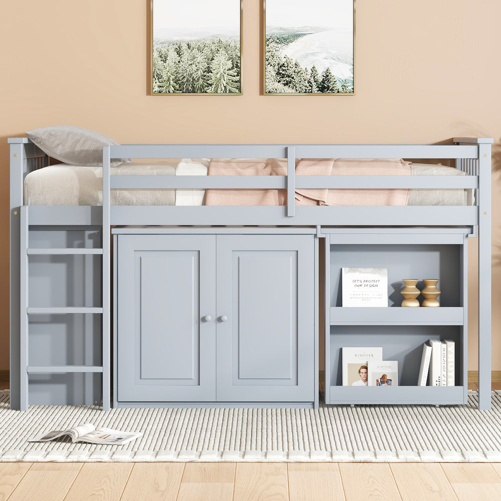 Twin Loft Bed with Storage Cabinet, Drawer and Shelf Cabinet and Pulling-Out Desk, Rubber Wood Loft Bed with Safety Guardrail, Ladder,Grey657
