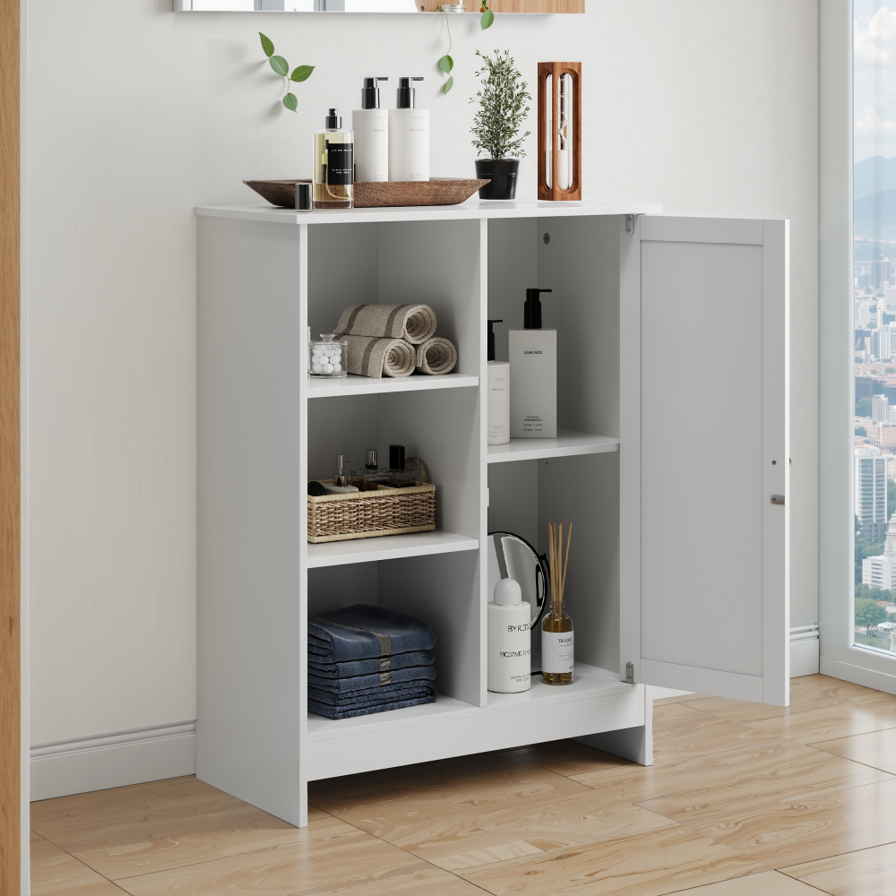 Bathroom Cabinet, Kitchen Freestanding Storage Rack, 23.62" x 11.81" x 31.5" Floor Storage Cabinet with 1 Cabinet, 3 Open Compartments, Adjustable Shelves, White