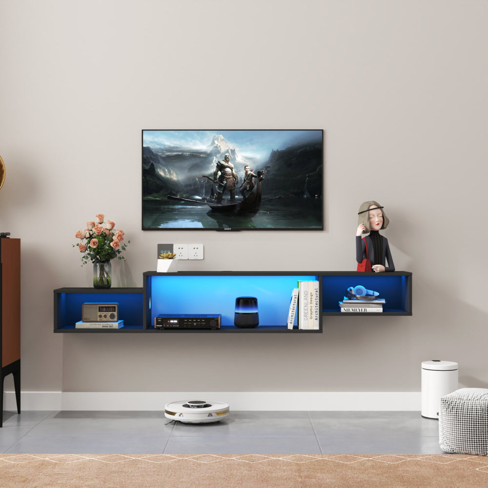 65.35in Wall Mounted Floating  TV Stand with 20 Color LEDs and Charging Station