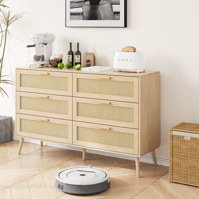 Rattan 6 Drawers  Chest  of Dressers for Bedroom, Modern 6 Drawer Dresser, Wide Chest of Drawers with wood Handles,  Rattan Dresser Storage Cabinet for Living Room, Bedroom, Hallway