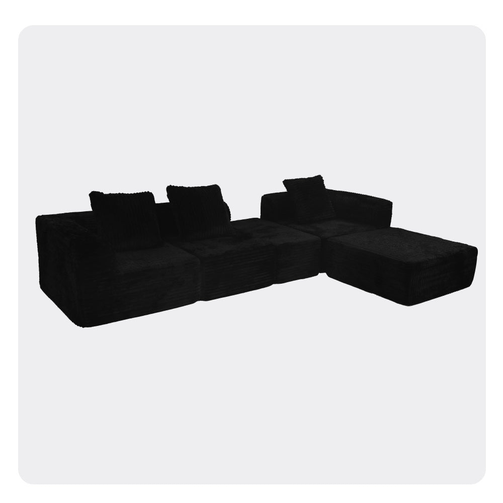 Modular Sectional Sofa Black Couches 4 Seat Modular Foam Sectional Couches for Living Room with 1 Ottoman, Cloud Couch with Oversized Chaise