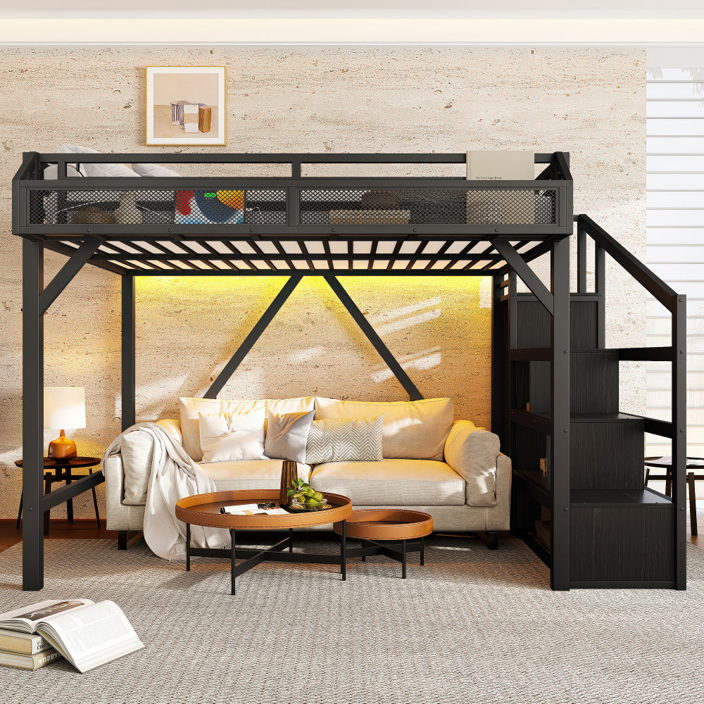 Full Loft Bed with Storage Stairs, Shelves and Built-in Wardrobe, Metal Loft Bed Frame with USB Ports and LED Lights, Noise-reduced Design, Black Woodgrain