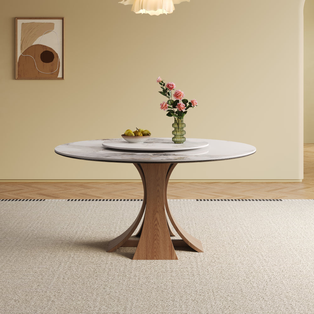59-inch Modern Sintered Stone Dining Table, Equipped with a 35-Inch Round Turntable, Seating 6-8 People, with a Unique Walnut-colored Wooden Base