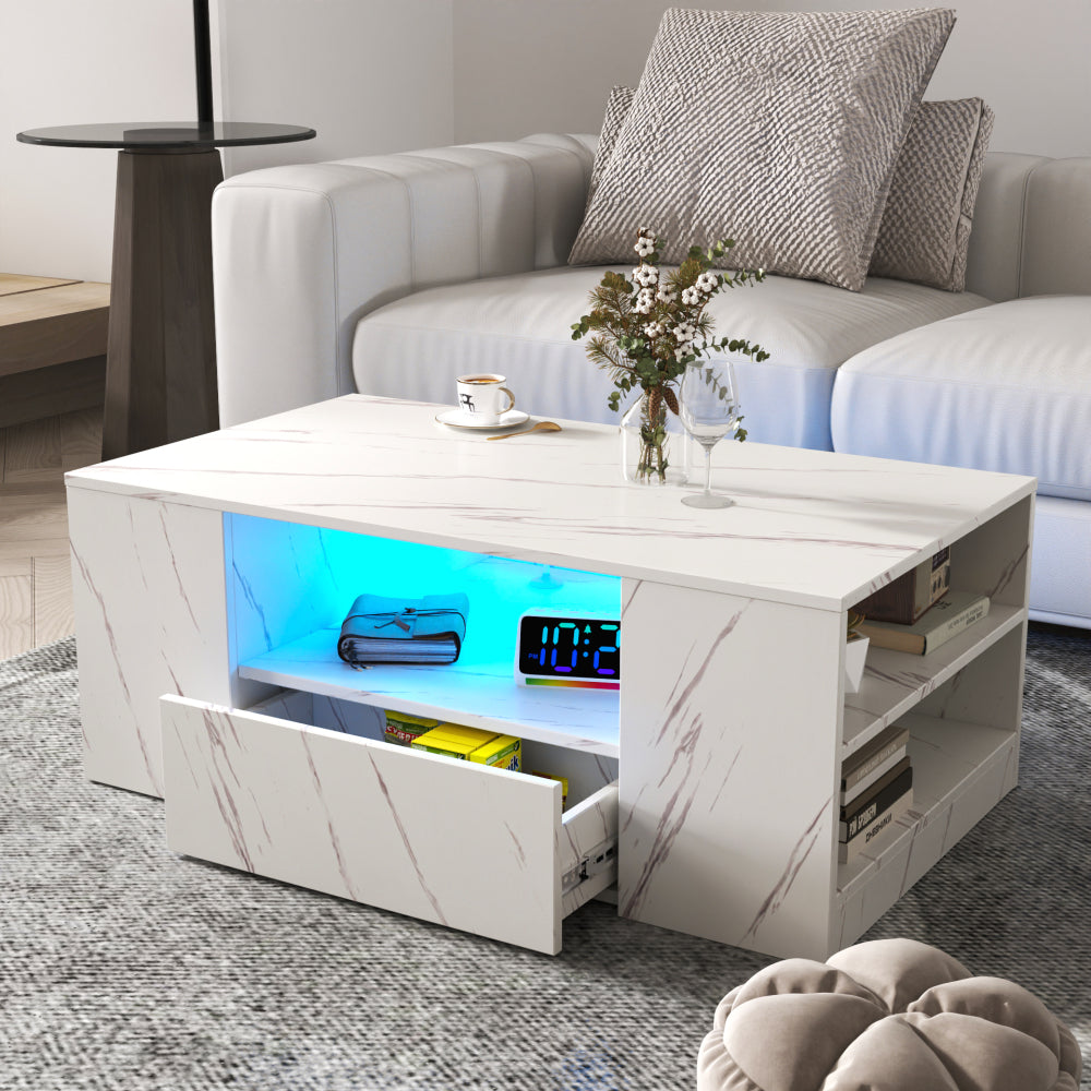 14.57 IN HIGHT LED Coffee Table ,Modern Coffee Tables for Living Room,, Storage Coffee Table, Small Coffee Table, Wood Center Table with 2 Drawers and Open Side Shelf