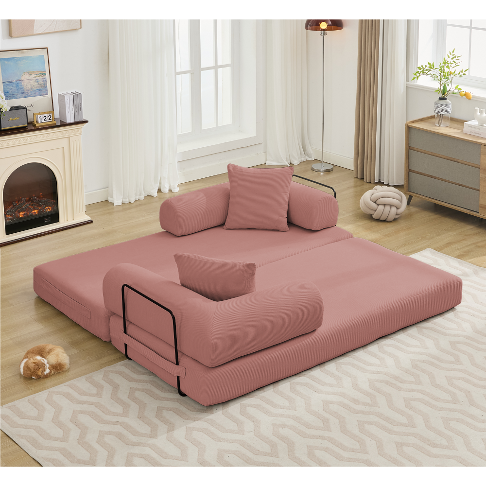 [NEW ARRIVED] [VIDEO PROVIDED] 78.5" Folding Convertible Out Sleeper Sofa Bed,5-in-1 DIY Combination Convertible  Sofa, 3 seat, Folding Sleeper Sofa, King Size , Bedroom,Apartment,Corduroy, PINK