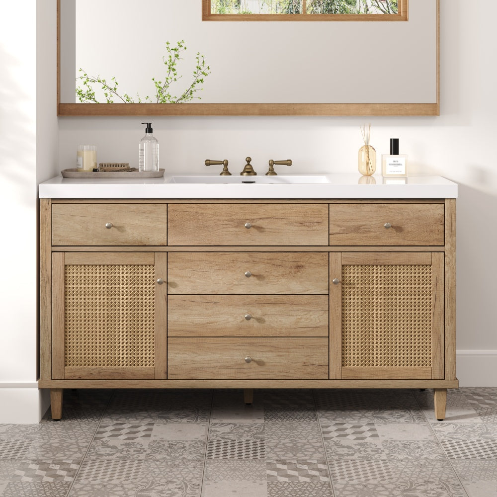 60" Bathroom Vanity with SMC Sink, Modern Large Storage Bathroom Storage Cabinet with Soft Close Drawers and Rattan Doors, Silver Metal Knobs and 5 Pine Legs, Natural