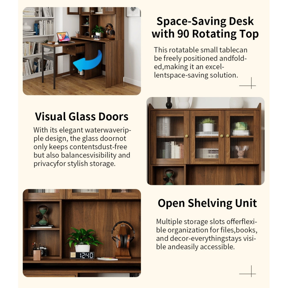 Computer Desk with glass door for Home Office or Study desk,  Bookshelf & Hutch, Computer Desk with 90 Degree Rotating Desktop,Large Working Space
