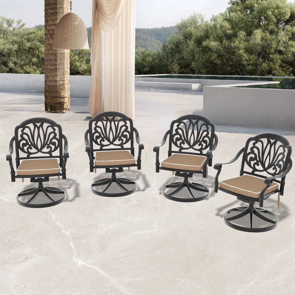Cast Aluminum Patio Swivel Chair 4PCS With Black Frame and Brown Cushions