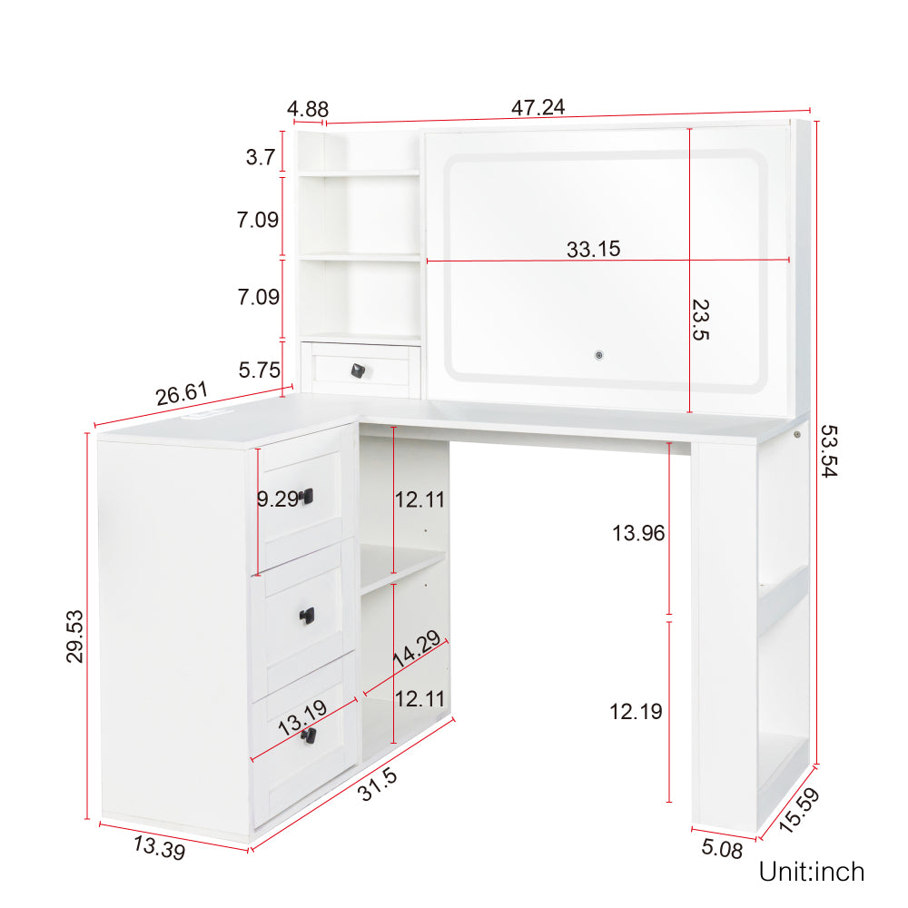 Vanity Desk with Lights,Makeup Vanity with Power Strip,Dressing Table Set with 3 Large Drawers,Vanity Mirror 3 Lighting Color Adjustable,White