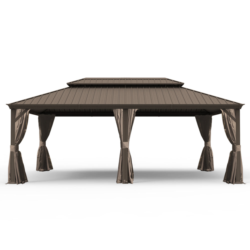 12' X 20' Hardtop Gazebo, Upgraded Metal Gazebo with Drainage System, Dual-Layer Galvanized Steel Roof, Curtain and Netting, Outdoor Shelter Canopy for Patio, Garden, and Backyard, Grey