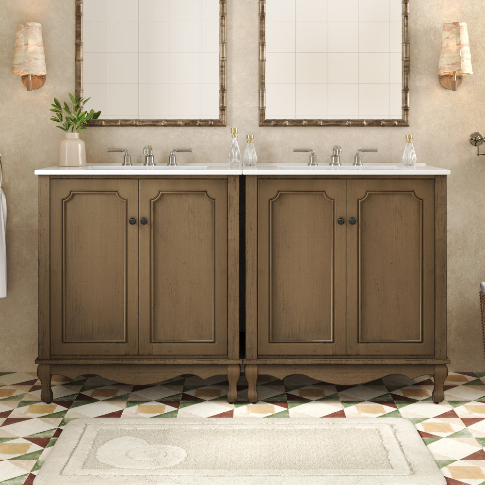 60" Bathroom Vanity with SMC Sink, Modern Large Storage Bathroom Storage Cabinet with Soft Close Drawers and Rattan Doors, Silver Metal Knobs and 5 Pine Legs, Natural