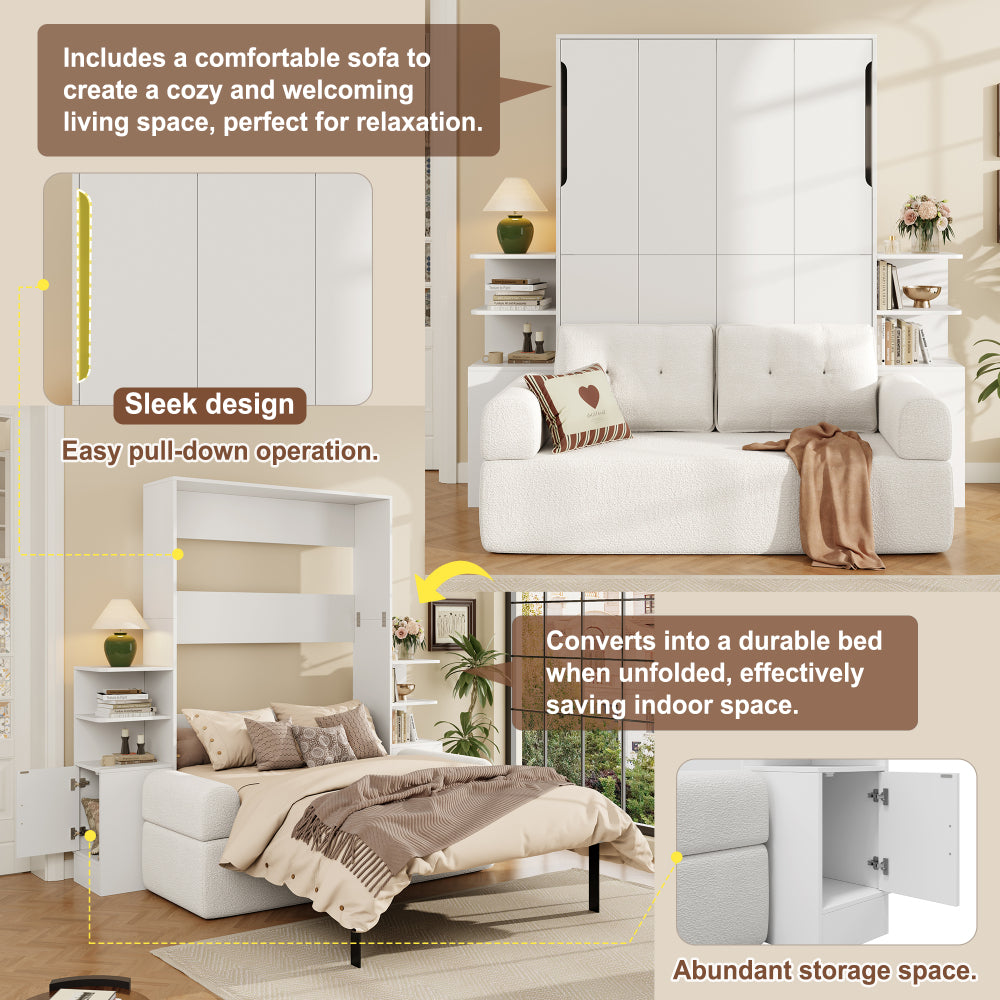 Queen Size Wall Murphy Bed with Sofa and Storage Cabinets, Space-Saving Wall Bed for Home Office & Guest Room, White