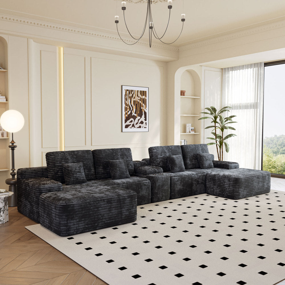 150''Width 5-piece Sectional Sofa with 2 Ottomans,Comfy U-shaped Sofa Couch for Living Room,BLACK Plush Corduroy Fabric