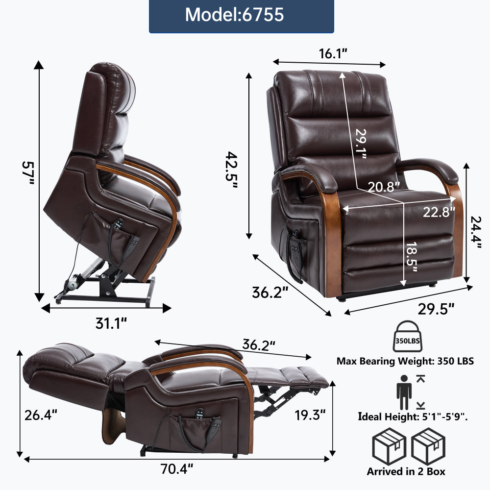 Power Brown Leatheraire Lift Recliner Chair Dual Motor Infinite Position Up to 350 LBS with Solid Wood Armrests, Heat Massage and Heavy Duty Motion Mechanism