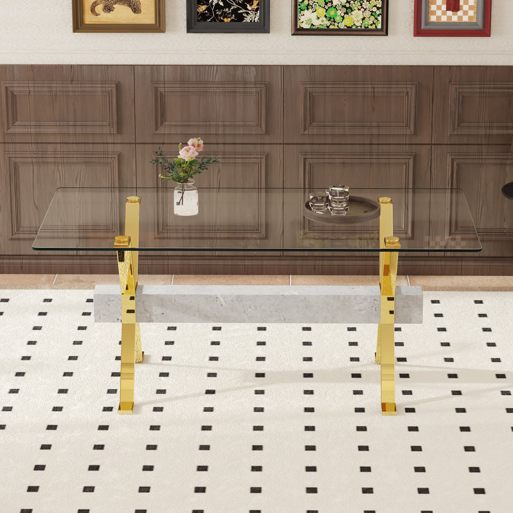 Modern tempered glass dining table. Large modern office desk with gold plated metal legs and gray MDF crossbars, suitable for both home and office use. Kitchen. 71 ''x35.4''x30 ''W1151S02350