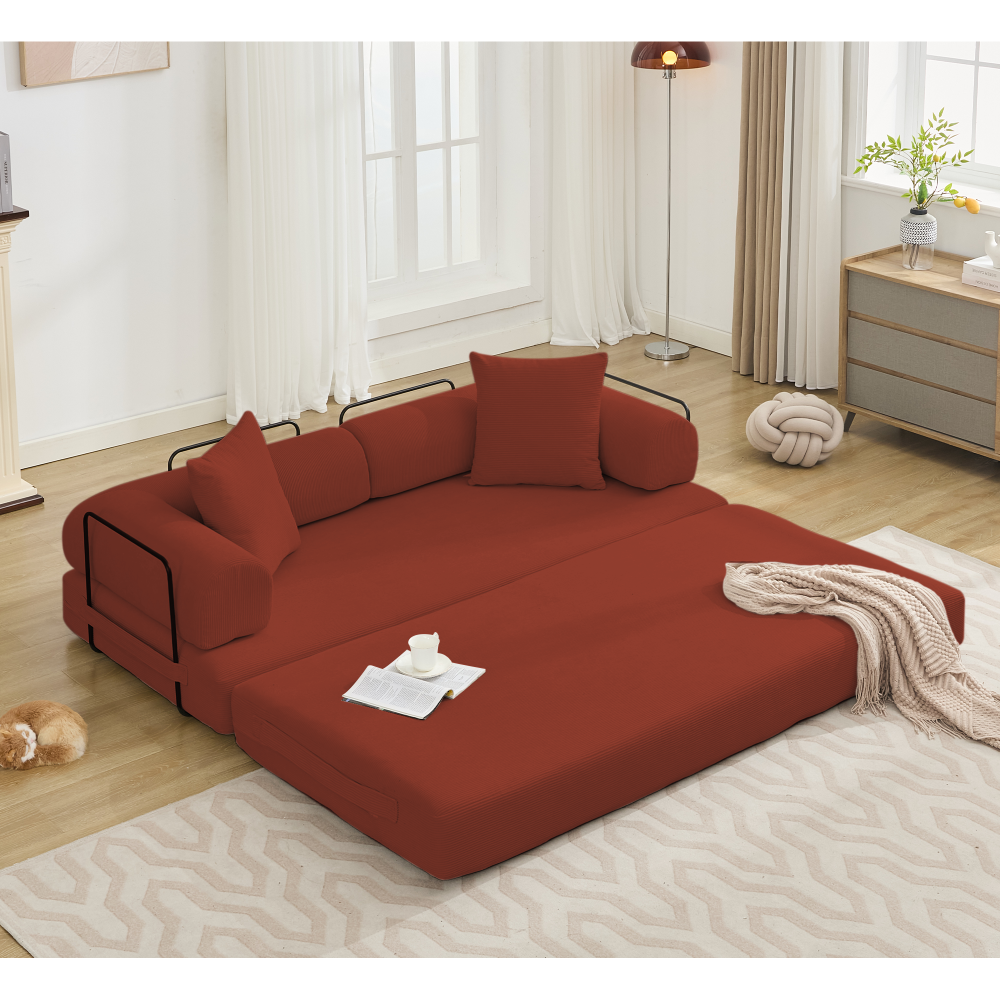 [NEW ARRIVED] [VIDEO PROVIDED] 78.5" Folding Convertible Out Sleeper Sofa Bed,5-in-1 DIY Combination Convertible  Sofa, 3 seat, Folding Sleeper Sofa, King Size , Bedroom,Apartment,Corduroy,Ancora Red