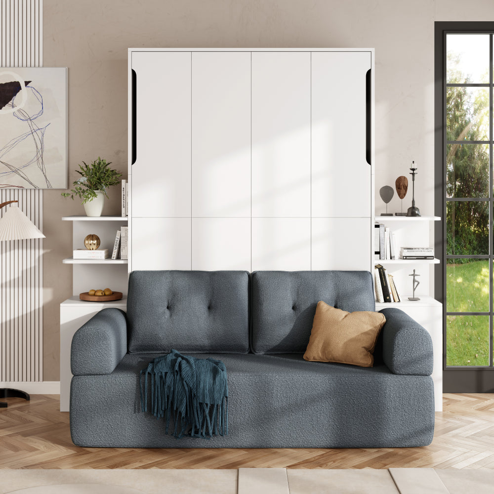 Queen Size Wall Murphy Bed with Sofa and Storage Cabinets, Space-Saving Wall Bed for Home Office & Guest Room, White