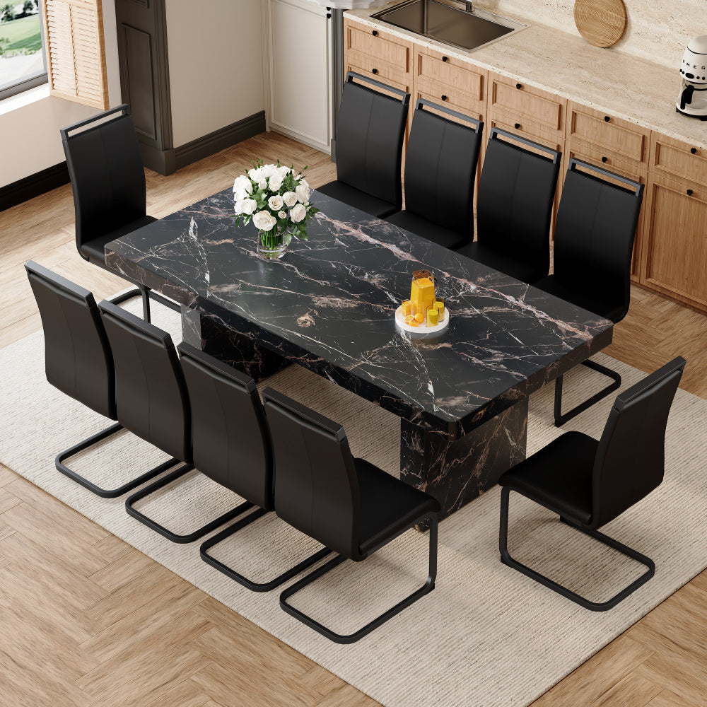 Table and chair set.78.7"*39.4"*29.9"inches MDF Luxurious Black Marble Pattern Dining Table,With a 3.5-inch thick tabletop.Paired with 10 Black PU Chairs With C-tube Black Metal Chair Legs.W1151S03925