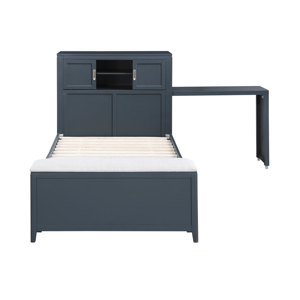 Navy Blue Finish Twin Platform Bed with Bookcase Headboard Drawers Hidden Desk Stool Footboard Storage Bench Bedroom Furniture 1pc