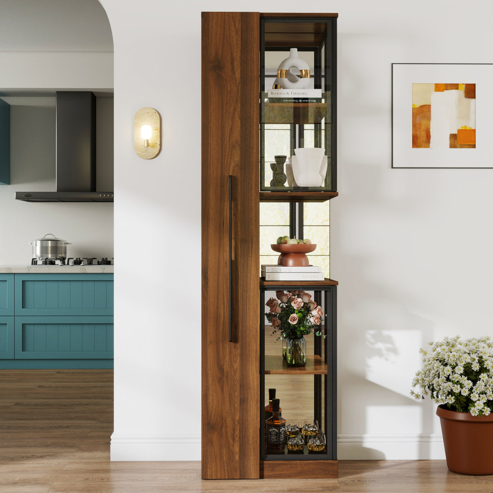 70" Display Cabinet with Glass Doors and Lights, with multi-functional pull-out multi-tier storage shelf , Wooden Display Storage Cabinets