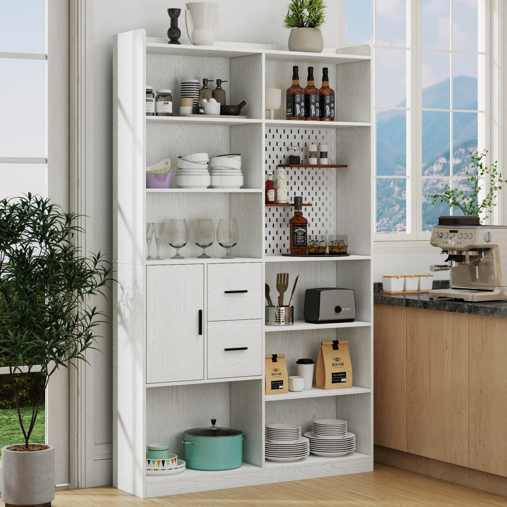 Bookshelf and Bookcase with Pegboard and Drawer or Kitchen Pantry Cabinet , 9 Cubby Display Book Shelves, Modern Wide Wood Shelving Unit for Living Room or Kitchen and Dinning Room,White