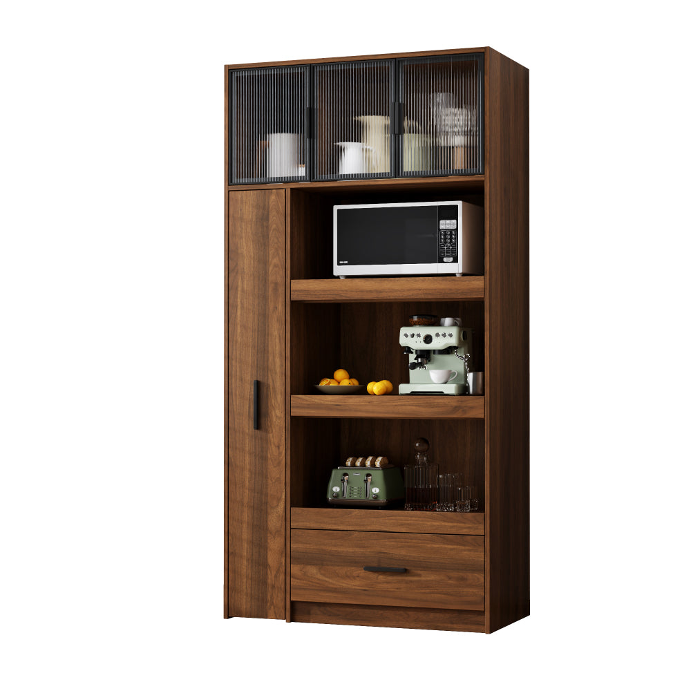 70.87" Tall Kitchen Pantry Cabinet with multi-functional pull-out multi-tier storage shelf, 1 Drawers,with Aluminum frame glass door,Freestanding Food Hutch with Microwave Stand for Dining Room
